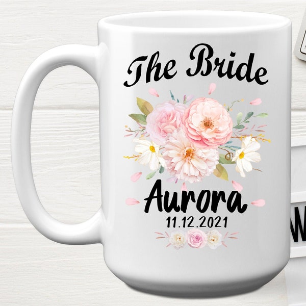 Personalized Bride Mug With Date and Beautiful Pink Flowers, 11 or 15 oz, Custom Bride Coffee Mug, Wedding Party Gift