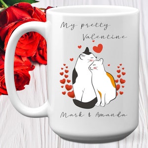 Personalized My Pretty Valentine Mug With Cat Couple, 11 or 15 oz, Custom Name Gift For Couples, Mr And Mrs Mug