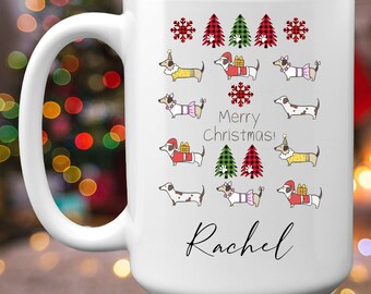 Personalized Christmas Mug With Cute Wiener Dogs, 11 or 15 oz, Custom Name Sausage Dog Gift, Kids Xmas Hot Cocoa Mug