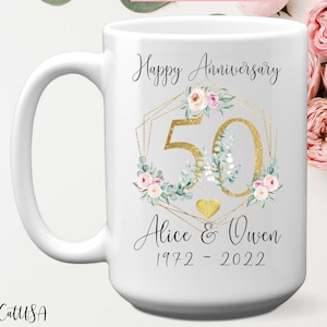 Personalized 50th Anniversary Mug With Exclusive Flowers, 11 or 15 oz, Custom Names Golden Anniversary Gift For Parents, 50 Years Together