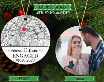 Engagement Ornament With Photo, Personalized Map Ornament for Couple, Engagement Gift Photo Keepsake, Christmas Gift for Her