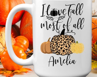 Personalized I Love Fall Most Of All Mug, 11 or 15 oz, Custom Name Leopard Pumpkin Coffee Mug, Halloween Pumpkin Gift