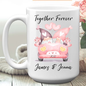 Custom Names Together Forever Mug With Cute Gnome Couple, 11 or 15 oz, Custom Name Valentines Day Gift For His And Her