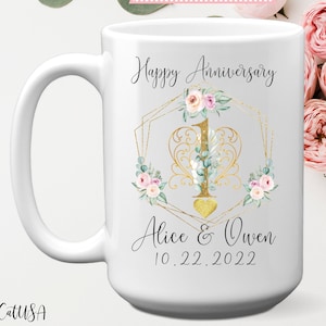 Personalized 1st Anniversary Mug With Exclusive Flowers, 11 or 15 oz, Custom Name Wedding Anniversary Gift For Parents, First Year Together