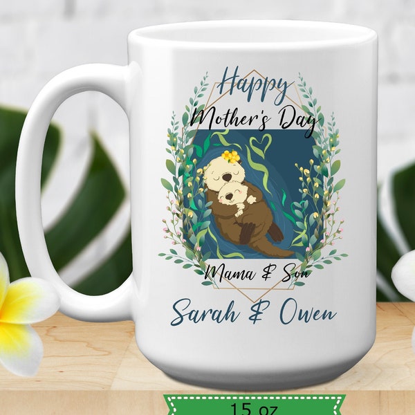 Personalized Mama And Son Mug With Otters, 11 or 15 oz, Custom Name New Baby Boy Gift, Pregnancy Reveal Coffee Mug