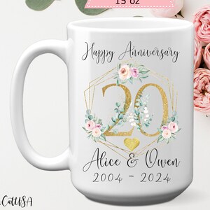Personalized 20th Anniversary Mug With Exclusive Flowers, 11 or 15 oz, Custom Name China Anniversary Gift For Parents, 20 Years Together