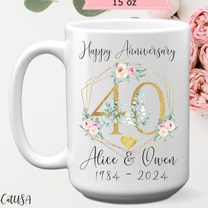 Personalized 40th Anniversary Mug With Exclusive Flowers, 11 or 15 oz, Custom Names Ruby Anniversary Gift For Parents, 40 Years Together
