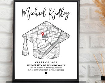 Graduation Gift For Him With Map 8x10, Personalized Congratulations Art Print For Her, Graduation Location Wall Decor