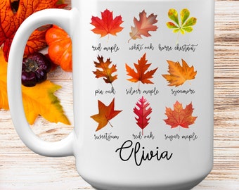 Personalized Fall Leaves Mug 11 or 15 oz, Custom Name Fall Vibes Coffee Mug With Autumn Leaves, Retro Thanksgiving Gift
