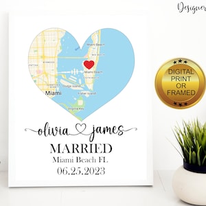 Wedding Gift For Couple With Map 8x10, Personalized Married Art Print, Wedding Location Wall Decor With Heart Shaped Map