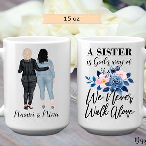 Personalized Sister Gift Mug, 11 or 15 oz, Custom Names Floral Gift For Sister, Sisters in Jeans Birthday Coffee Mug