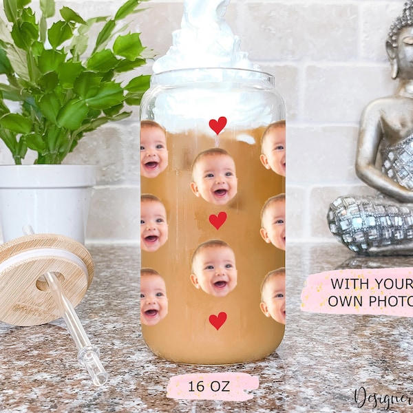 Personalized Baby Face Glass Can With Photo, Mothers Day Glass Tumbler, Custom Baby Face Ice Coffee Cup For Mommy, Child Photo Gift