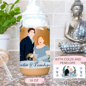 Bridgerton Season 3 Glass Can With Pen and Colin, Penelope and Colin Iced Coffee Cup, Bridgerton Themed Glass Tumbler or Soda Can