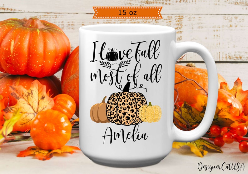 Personalized I Love Fall Most Of All Mug, 11 or 15 oz, Custom Name Leopard Pumpkin Coffee Mug, Halloween Pumpkin Gift image 2