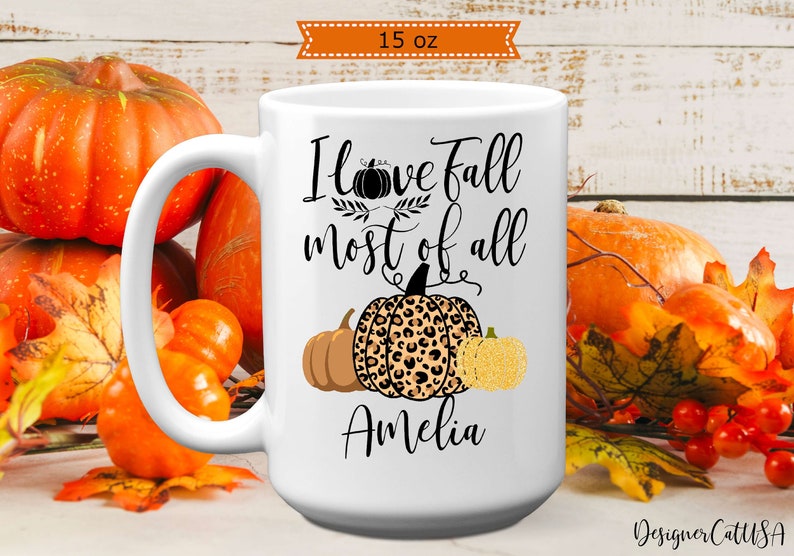 Personalized I Love Fall Most Of All Mug, 11 or 15 oz, Custom Name Leopard Pumpkin Coffee Mug, Halloween Pumpkin Gift image 1