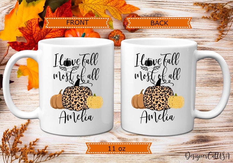 Personalized I Love Fall Most Of All Mug, 11 or 15 oz, Custom Name Leopard Pumpkin Coffee Mug, Halloween Pumpkin Gift image 9