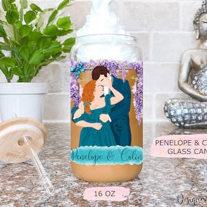 Bridgerton Glass Can With Penelope and Colin, Floral Bridgerton Fan Iced Coffee Cup, Pen and Colin Soda Can, Lady Whistledown Glass Tumbler
