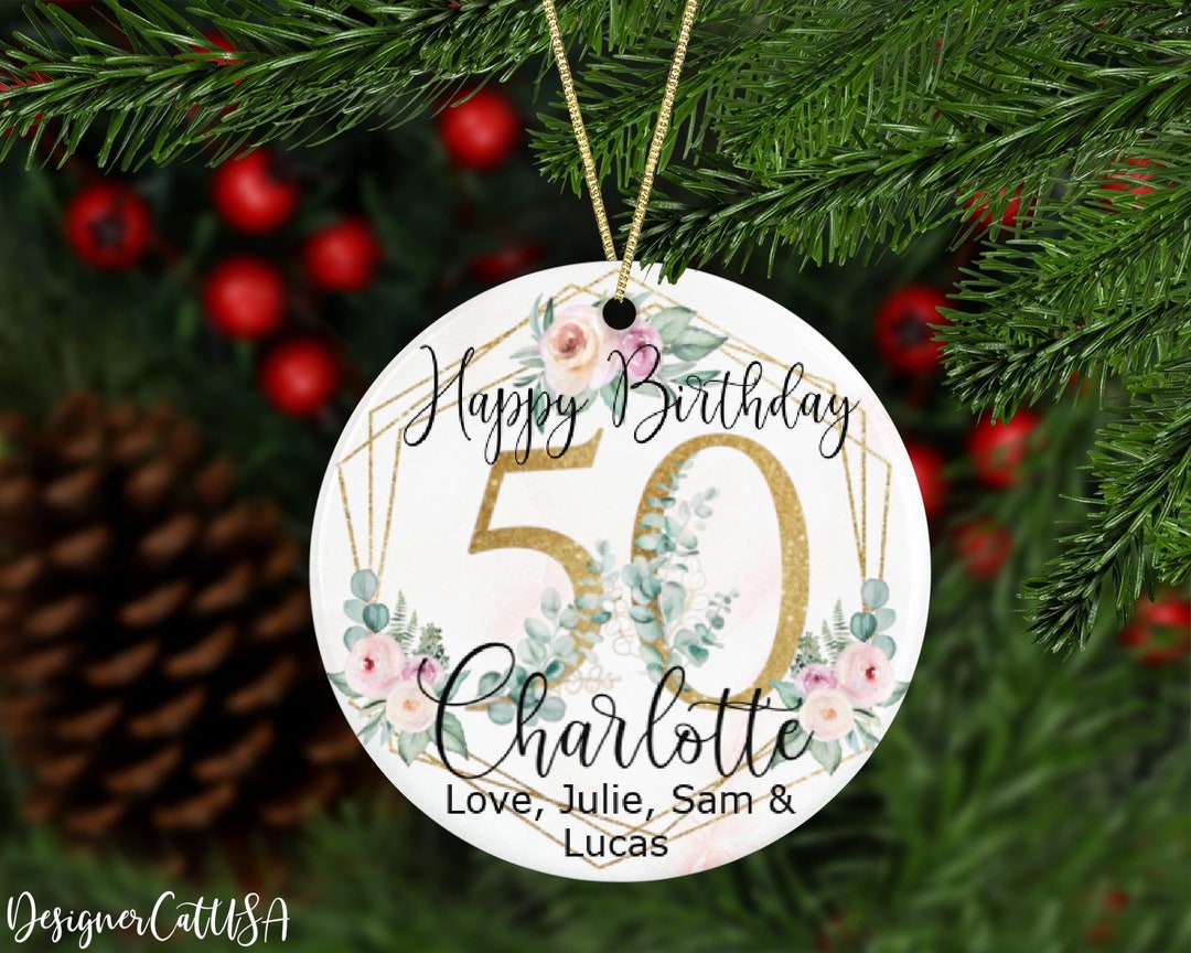 Personalized 50th Milestone Birthday Ornament With Awesome Flowers