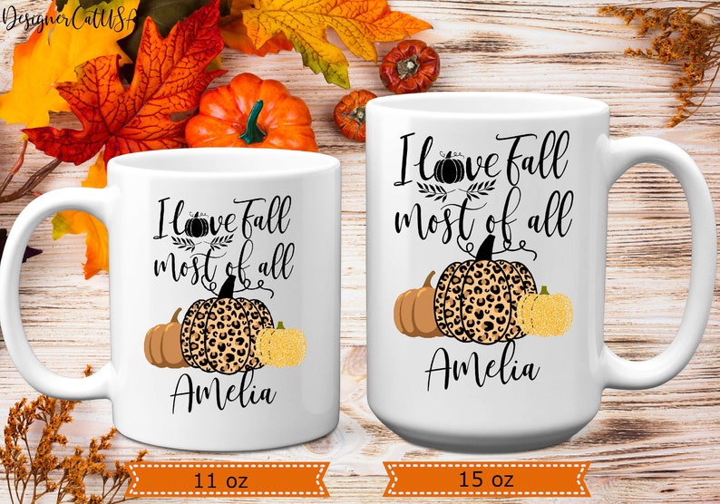 Personalized I Love Fall Most Of All Mug, 11 or 15 oz, Custom Name Leopard Pumpkin Coffee Mug, Halloween Pumpkin Gift image 6
