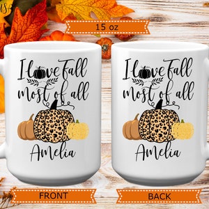Personalized I Love Fall Most Of All Mug, 11 or 15 oz, Custom Name Leopard Pumpkin Coffee Mug, Halloween Pumpkin Gift image 5