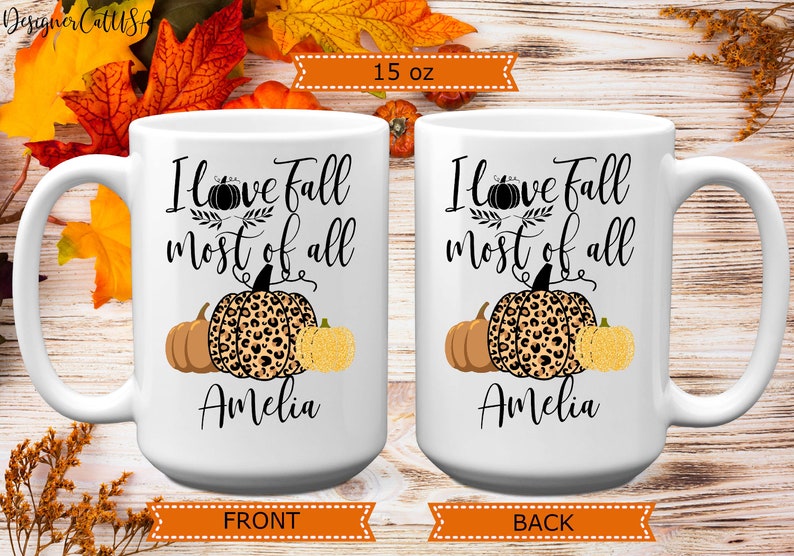 Personalized I Love Fall Most Of All Mug, 11 or 15 oz, Custom Name Leopard Pumpkin Coffee Mug, Halloween Pumpkin Gift image 5