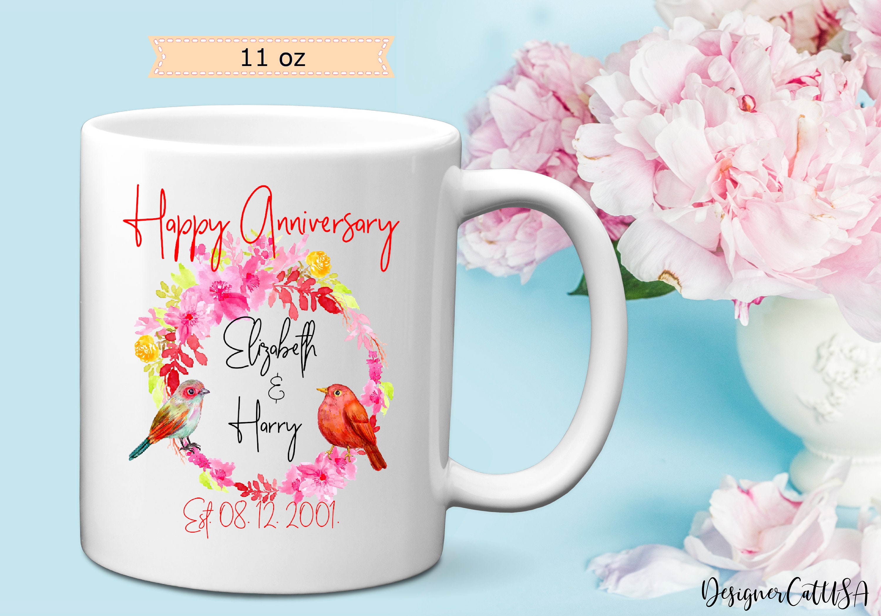 Personalized Happy Anniversary Mug With Cute Birds, 11 or 15 oz, Custom  Name Floral Anniversary Gift With Date - Etsy Österreich