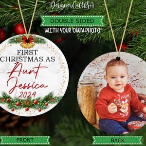 First Christmas as Aunt Ornament, Personalized New Auntie Keepsake with Gold Frame, Pregnancy Reveal Hanging Decoration, Gift For New Aunt