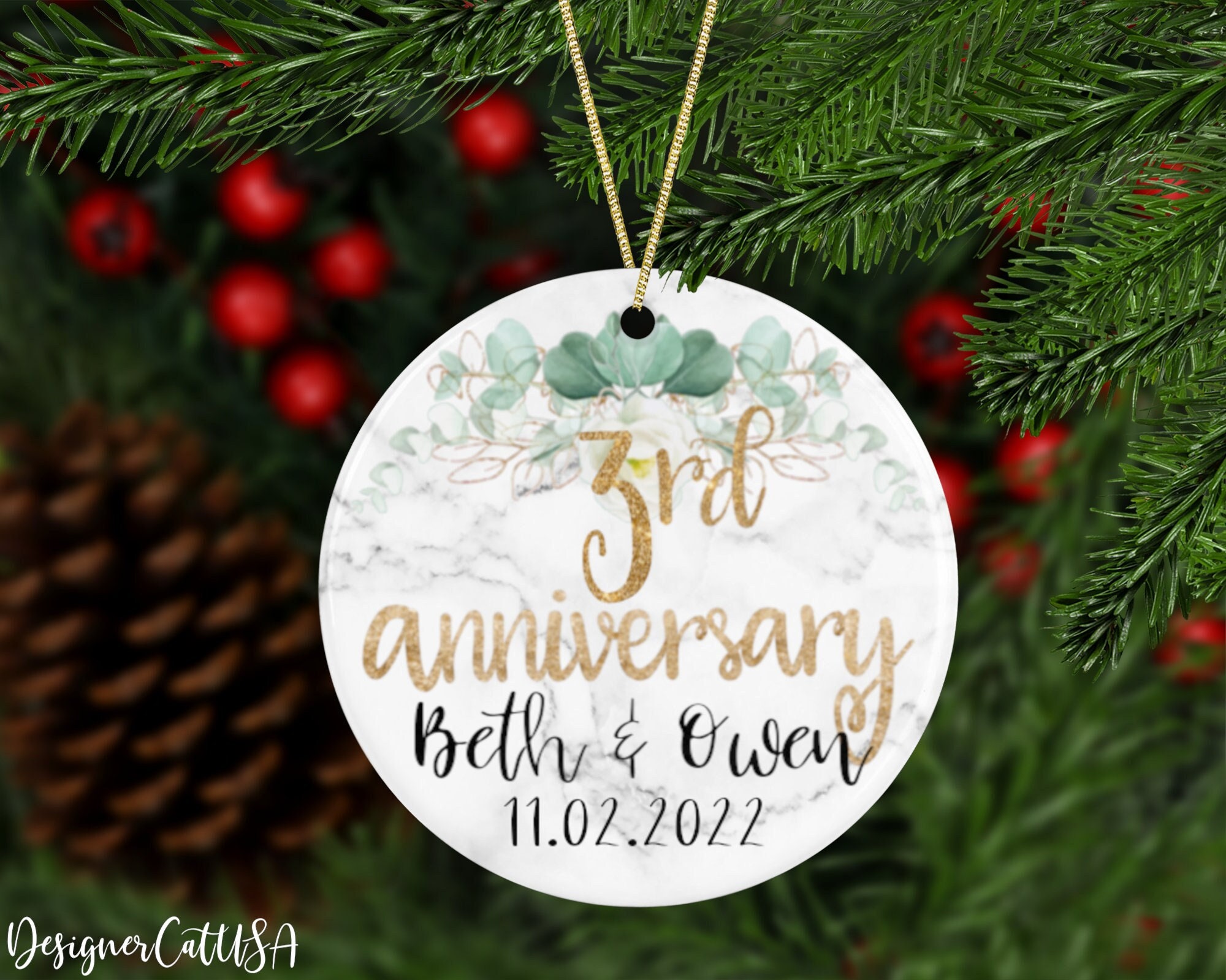 Personalized 3rd Anniversary Ornament, Custom Names Wedding Anniversary Keepsake, Leather Anniversary Gift For Parents, 3 Years Together