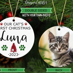 Our Cats First Christmas Ornament With Photo, Custom Name Cat Ornament, Personalized Cat Mom Gift for Christmas