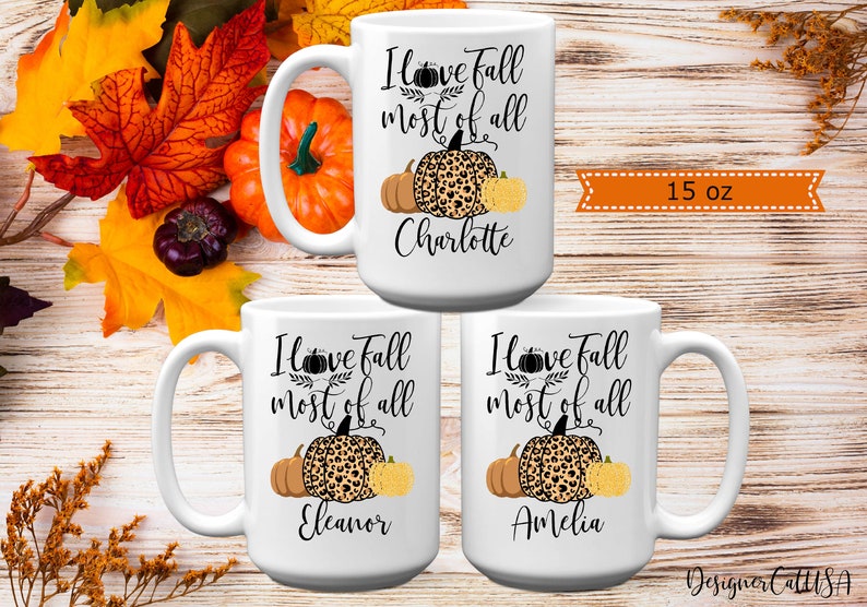 Personalized I Love Fall Most Of All Mug, 11 or 15 oz, Custom Name Leopard Pumpkin Coffee Mug, Halloween Pumpkin Gift image 4