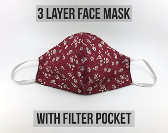 Flowers Dark Red Handmade Cotton Face Mask Unisex - 3 Layers and with Filter Pocket