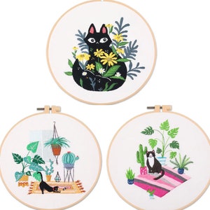Cat Embroidery Kit For Beginner | Modern Embroidery Kit with Pattern |Embroidery Full Kit with Needlepoint Hoop| DIY Craft Kit