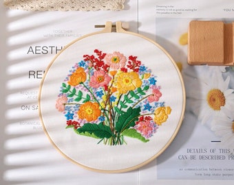 Kit de broderie pour débutant | Kit de broderie moderne avec motif | Kit complet de broderie de fleurs avec cerceau à l'aiguille | BRICOLAGE Artisanat