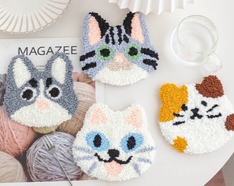 Leuke kat punch naaldvilt volledige kit voor starter DIY punch onderzetter maken kit, handgemaakte onderzetter kit, doe-het-zelf cadeau, huisdier punch naald kits