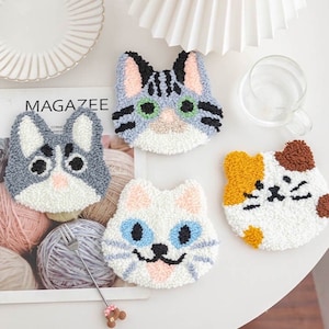 Cute Cat Punch Needle Coaster Full Kit for Starter DIY Punch Coaster Making Kit,Handmade Coaster Kit,DIY Crafts gift, Pet Punch Needle Kits