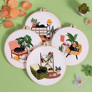 Cat Embroidery Kit For Beginner | Modern Embroidery Kit with Pattern |Embroidery Full Kit with Needlepoint Hoop| DIY Craft Kit