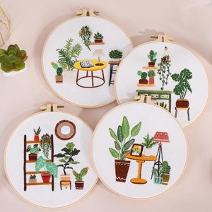 Modern Plants Embroidery Kit | Modern Crewel Embroidery Kit with Pattern | Floral Embroidery Full Kit with Needlepoint Hoop|DIY Craft Kit