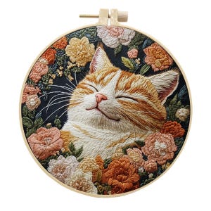 DIY Floral Cat Embroidery Kit, DIY Kit for Adults, Cat Hand Embroidery, Cozy Home Decor, Modern Embroidery Pattern, Craft diy Kit for Her