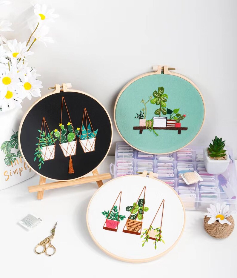 Embroidery Kit For Beginner Modern Embroidery Kit with Pattern Flowers Embroidery Full Kit with Needlepoint Hoop DIY Craft Kit image 8