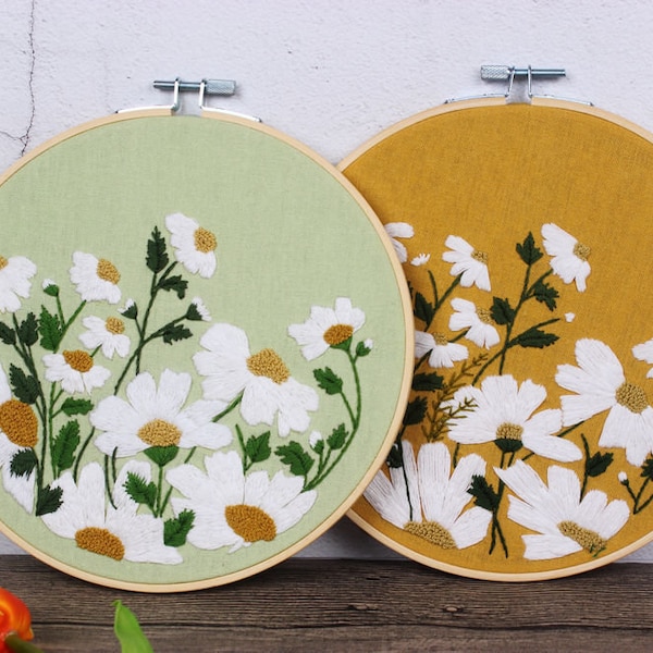 Daisy Flower Embroidery Kit For Beginner | Embroidery Kit with Pattern | Flowers Embroidery Full Kit with Needlepoint Hoop| DIY Craft Kit