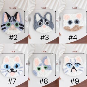 May include: Ten different cat-shaped plush coasters in various colors and patterns. The coasters are approximately 12-14 cm in diameter. Each coaster is numbered 1-10.