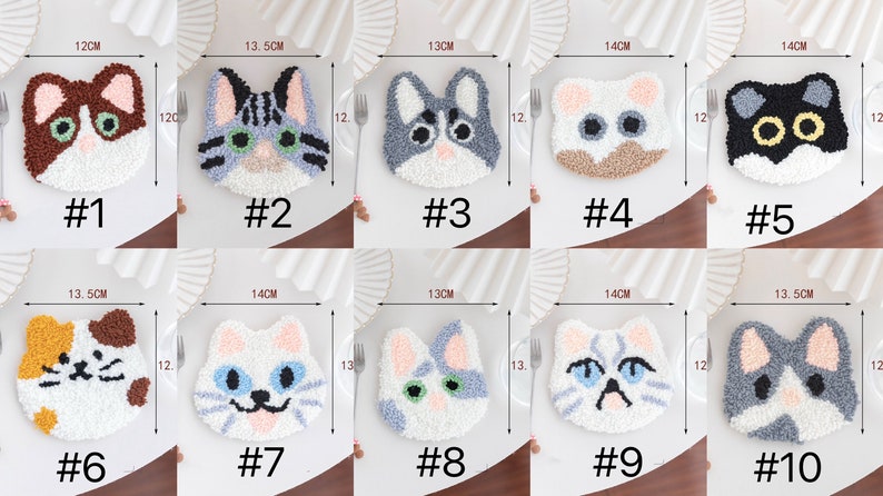 May include: Ten different cat-shaped plush coasters in various colors and patterns. The coasters are approximately 12-14 cm in diameter. Each coaster is numbered 1-10.