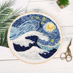 Van Gogh's Starry Sky Embroidery Kit | Embroidery Kit with Pattern | Full Kit with Needlepoint Hoop| DIY Craft Kit