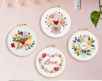 LOVE Flower For Beginner | Love Embroidery Kit with Pattern | Embroidery Full Kit with Needlepoint Hoop|DIY Craft Kit|Valentine Gift for Her