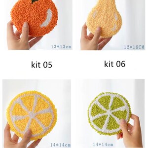May include: Four DIY punch needle kits featuring fruit designs. The kits include an orange, pear, lemon, and lime. Each kit is approximately 13-14 cm in diameter.