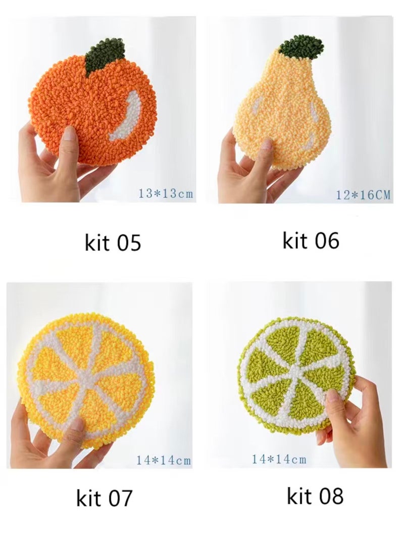 May include: Four DIY punch needle kits featuring fruit designs. The kits include an orange, pear, lemon, and lime. Each kit is approximately 13-14 cm in diameter.