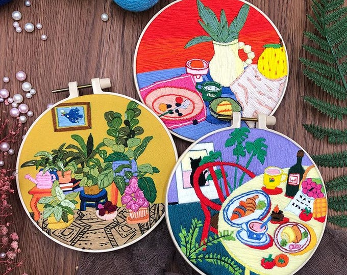 Sweet Home Embroidery Kit | Modern Embroidery Kit with Pattern | Flowers Plant Embroidery Full Kit with Needlepoint Hoop| DIY Craft Kit Her