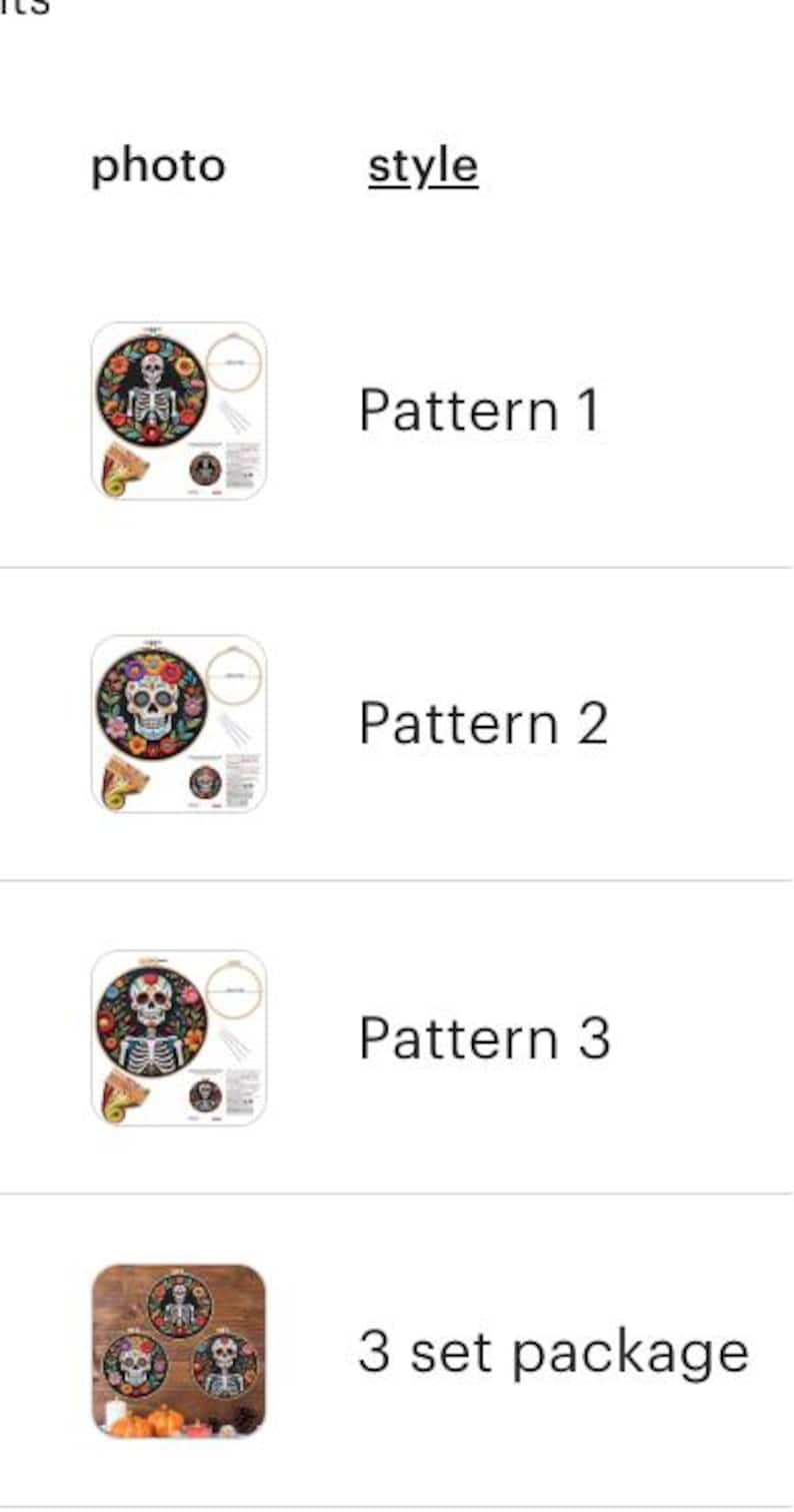May include: A selection of Day of the Dead embroidery patterns. Each pattern features a sugar skull or skeleton design surrounded by flowers. The patterns are displayed in embroidery hoops, with additional craft supplies visible.