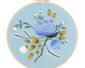 Blue FLowers Pattern Beginner DIY Embroidery, flowers pattern, Hand Embroidery Art