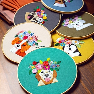 Dog Embroidery Kit For Beginner | Modern Embroidery Kit with Pattern | Flowers Embroidery Full Kit with Needlepoint Hoop| DIY Craft